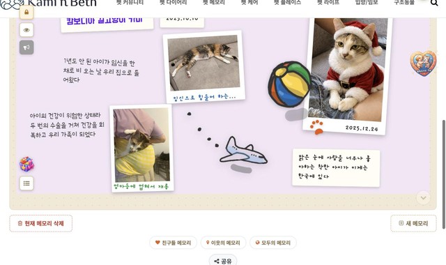 사진, 스티커, 손글씨로 꾸민 펫 메모리 앨범 예시 화면